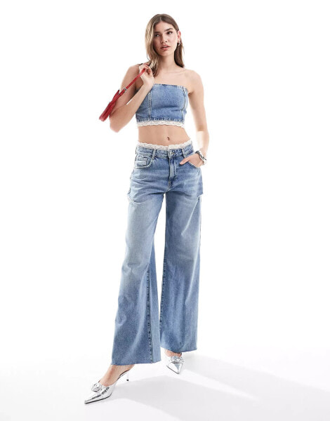 Pull&Bear wide leg jean with lace trim co-ord in medium blue