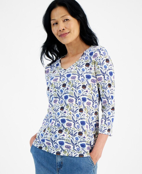 Women's Printed 3/4 Sleeve V-Neck Top, Created for Macy's