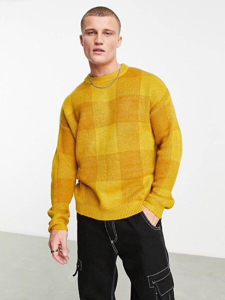 ASOS DESIGN fluffy knit check jumper in mustard