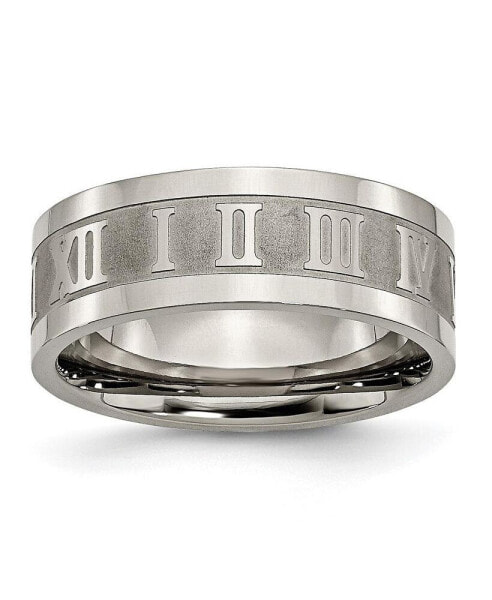 Titanium Satin Center Roman Numerals Flat Wedding Band Ring