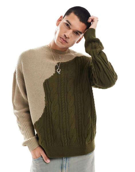 ASOS DESIGN relaxed knitted fisherman rib and cable knit jumper in khaki and ecru