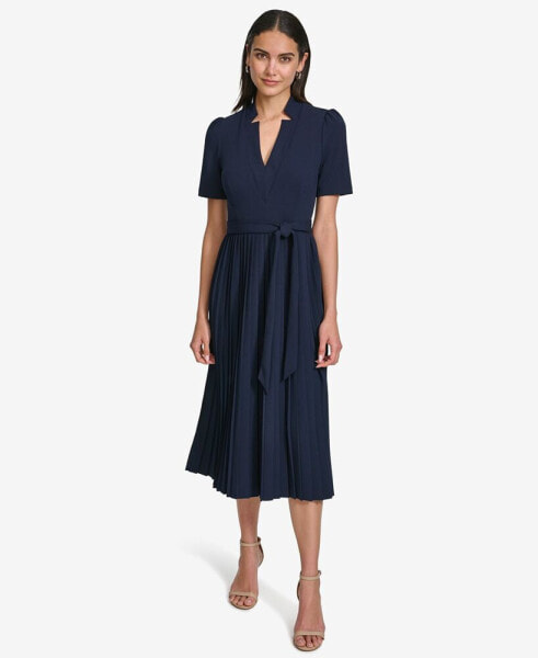 Women's V-Neck Scuba-Crepe A-Line Midi Dress