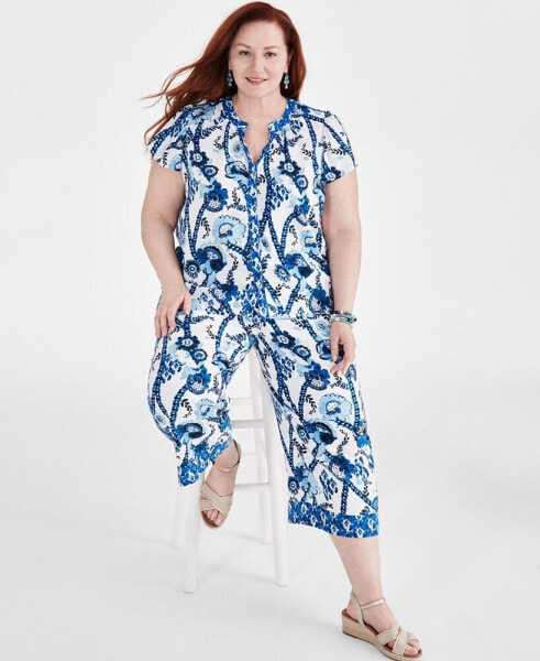 Plus Size Belinda Border Flutter-Sleeve Blouse, Created for Macy's