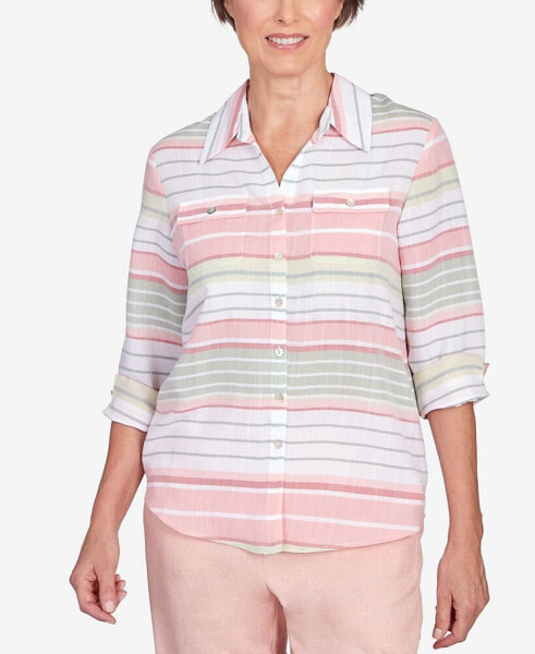 Women's English Garden Stripe Split Sleeve Button Down Shirt