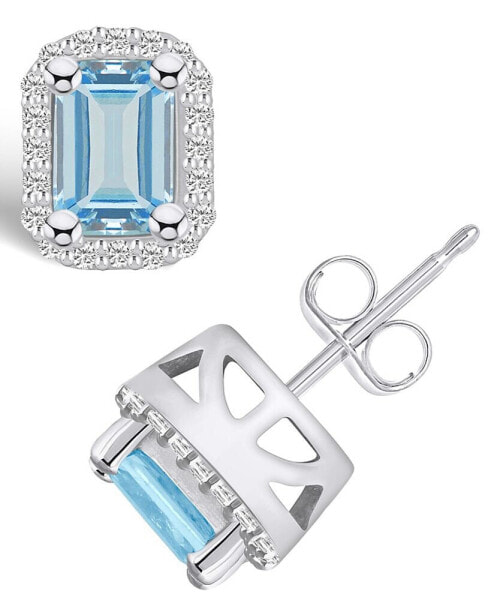 Aquamarine (1 ct. t.w.) and Diamond (1/5 ct. t.w.) Halo Stud Earrings in 14K White Gold