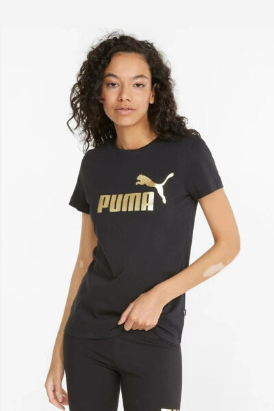 848303-01 Ess+ Metallic Logo Tee Kadın T-shirt Black-gold Foil