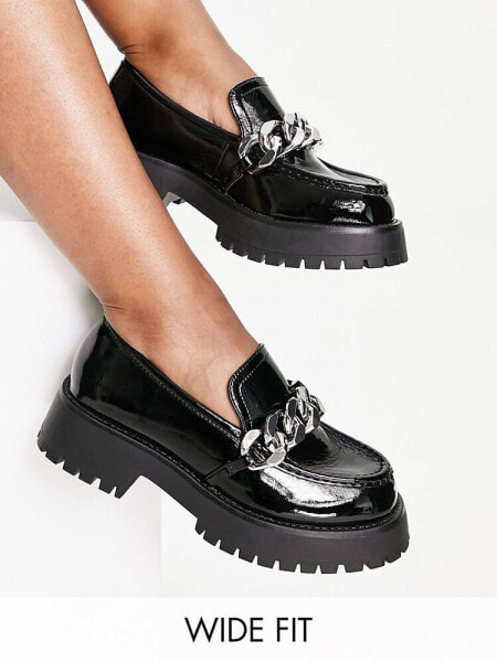 ASOS DESIGN Wide Fit Mai chunky chain loafers in black patent