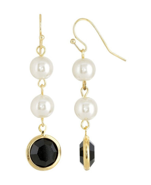 Gold-Tone Imitation Pearl with Black Channels Drop Earring