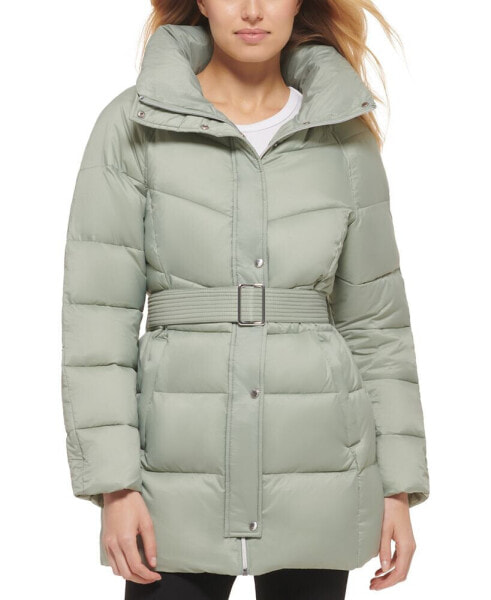 Women's Belted Pillow-Collar Puffer Coat