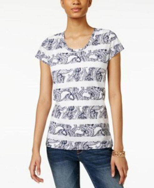Style & Co Women's Sport Printed Striped Top Ivory Combo S