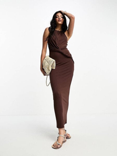 ASOS DESIGN sleeveless maxi dress with twist drape in chocolate