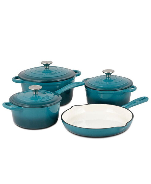 Enameled Cast Iron Cookware Set, 7-Piece Set (Biscay Blue), Nonstick, Oversized Handles, Oven Safe Skillet, Saucepan, Small Dutch Oven, Large Dutch Oven