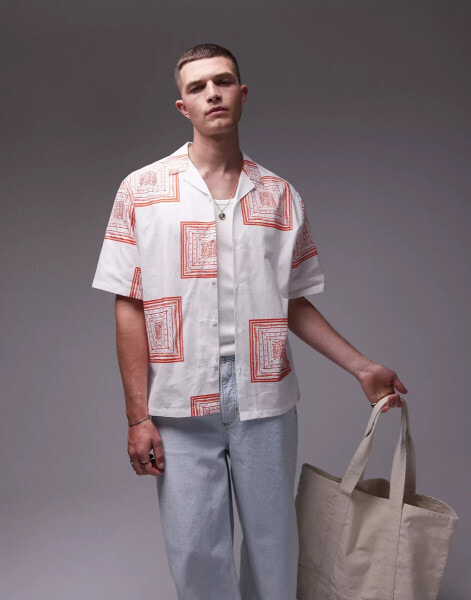 Topman short sleeve revere printed shirt in white