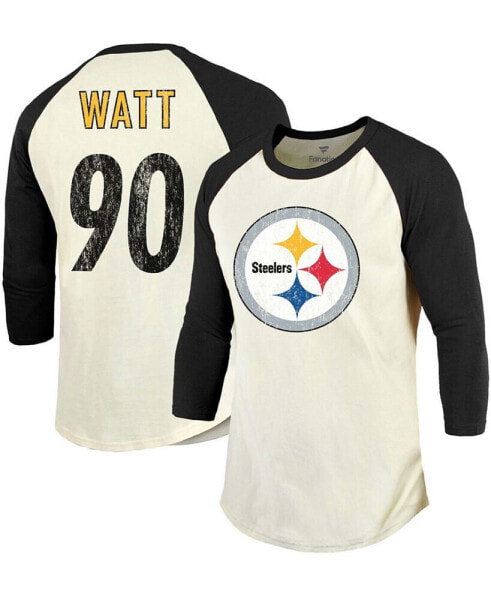 Men's T.J. Watt Cream, Black Pittsburgh Steelers Vintage-Inspired Player Name Number Raglan 3/4 Sleeve T-shirt