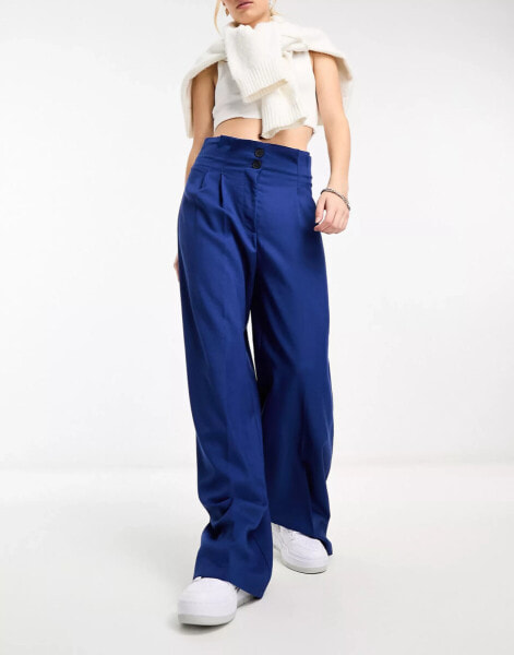 Bershka high waisted wide leg tailored trousers in blue