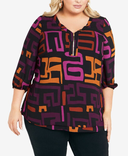 Plus Size Meila Zip Print V-neck Top