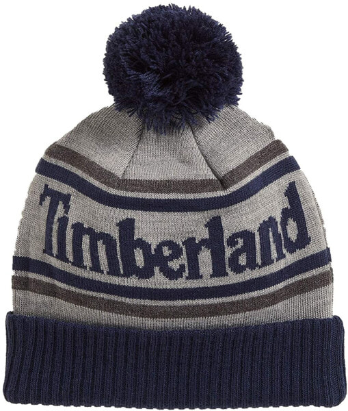 Мужская шапка серая трикотажная Timberland Men's Logo Cuffed Beanie with Pom