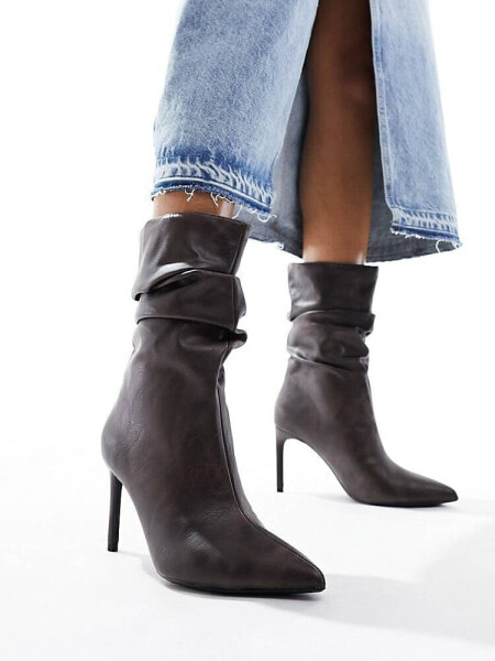 Bershka slouchy heeled boots in washed brown