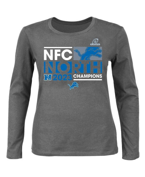 Women's Heather Charcoal Detroit Lions 2023 NFC North Division Champions Plus Size Conquer Long Sleeve Scoop Neck T-shirt