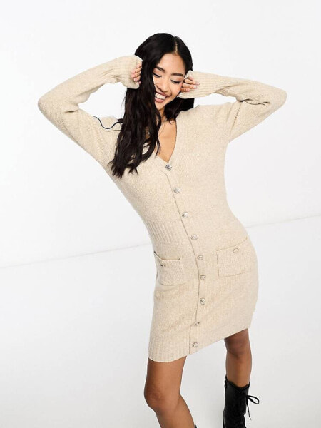 Morgan long sleeve wool mix jumper dress with button detail in beige