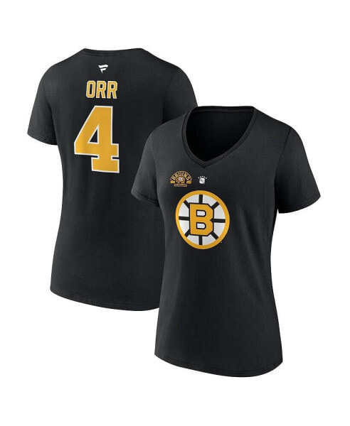 Women's Bobby Orr Black Boston Bruins Centennial Authentic Stack Retired Player Name and Number V-Neck T-shirt