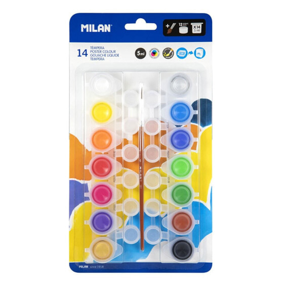 MILAN Blister Pack With 14 Jars 5ml Poster Paint. 12 Mixing Pots And Brush