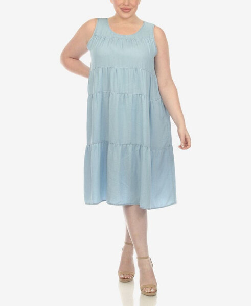 Plus Size Sleeveless Tiered Chambray Midi Dress