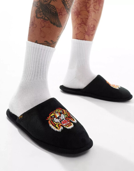 Ed Hardy slippers with embroidered tiger in black