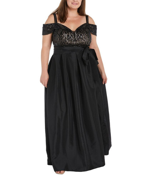 Plus Size Sequined Cold-Shoulder Gown