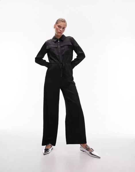 Topshop satin cargo jumpsuit in black