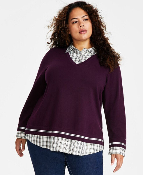 Plus Size Layered-Look Cotton Sweater
