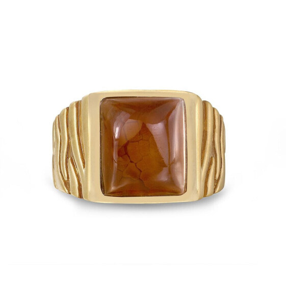 Cracked Agate Gemstone Yellow Gold Plated Silver Men Signet Ring in Brown Rhodium