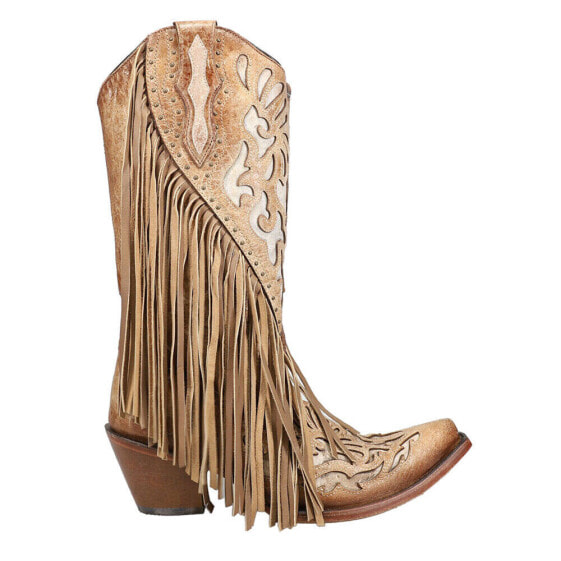Corral Boots Ld Lamb Inlay & Embroidery & Fringes Snip Toe Cowboy Womens Brown