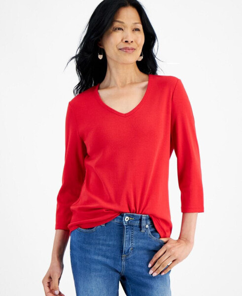 Women's Cotton 3/4-Sleeve V-Neck Tee, Created for Macy's