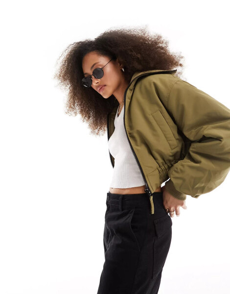 ASOS DESIGN rip stop cropped bomber jacket with collar detail in khaki