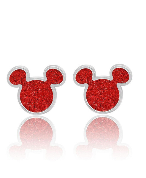 Womens Mickey Mouse Silver Plated Mickey Mouse Stud Earrings with Red Glitter