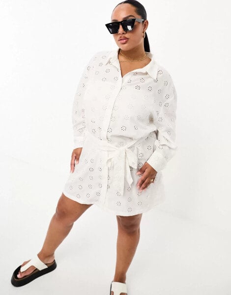 Threabdare Plus broderie tie waist shirt dress in white