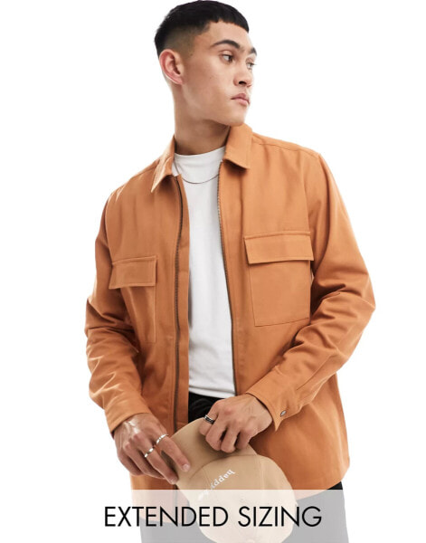 ASOS DESIGN twill zip through shacket in copper brown