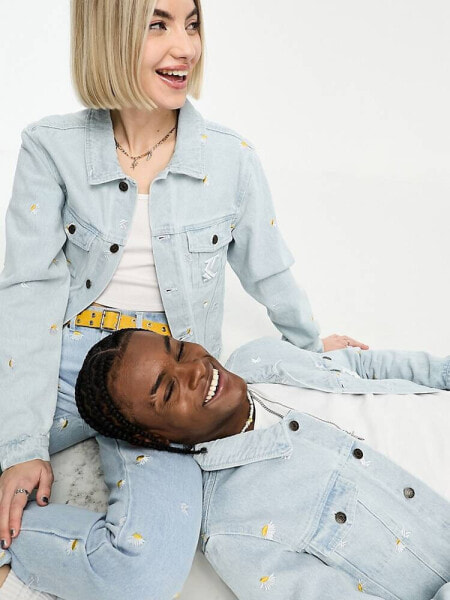 Karl Kani unisex co-ord OG denim trucker jacket in light blue with daisy embroidery