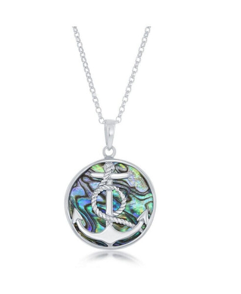 Sterling Silver Anchor with Twisted Rope Round Abalone Pendant Necklace