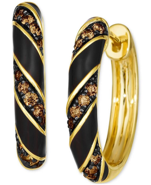 Chocolate Diamond (3/8 ct. t.w.) & Black Enamel Small Hoop Earrings in 14k Gold, 0.77"