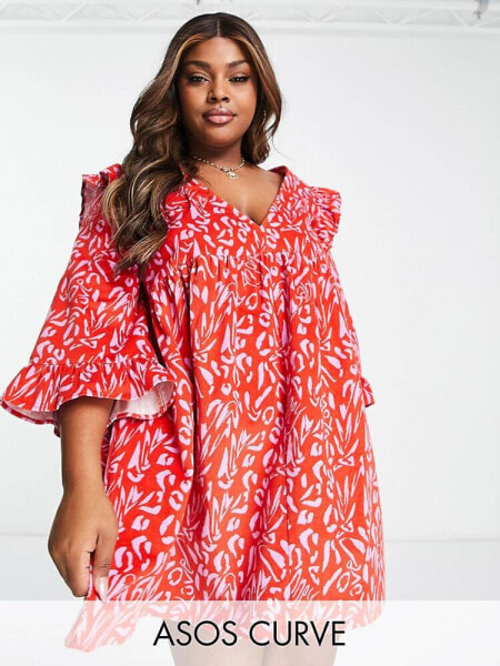 ASOS DESIGN Curve cord mini smock dress with ruffle shoulder in red abstract print 