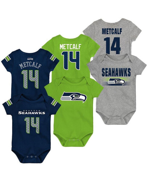 Unisex Newborn Infant DK Metcalf College Navy and Neon Green and Heathered Gray Seattle Seahawks Three-Pack Name Number Bodysuit Set
