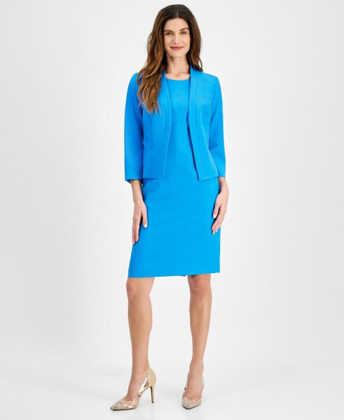 Crepe Open Front Jacket & Crewneck Sheath Dress Suit, Regular and Petite Sizes