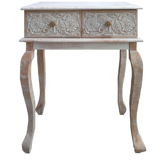 2 Drawer Mango Wood Console Table With Floral Carved Front, Brown And White