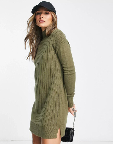 River Island ribbed panel jumper mini dress in khaki