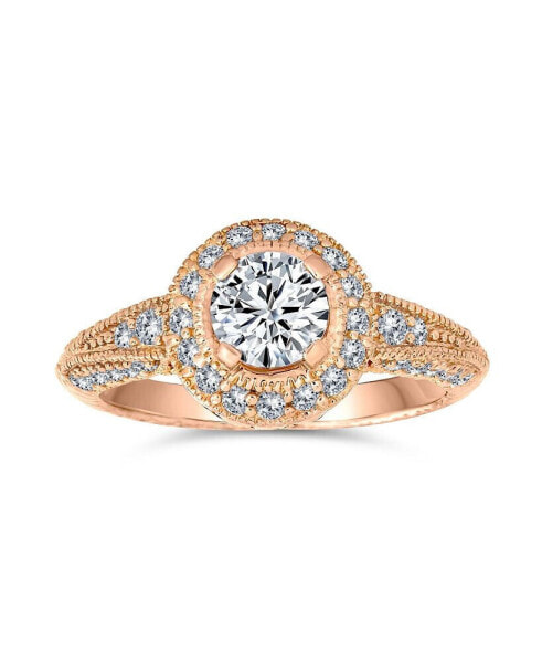 Art Deco StyleMilgrain Edge Halo AAA Cubic Zirconia Circlet Round Solitaire Engagement Ring Rose Gold Plated .925 Sterling Silver