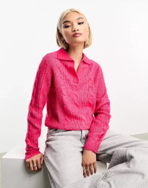 Vero Moda – Strickpullover in Pink mit Polokragen