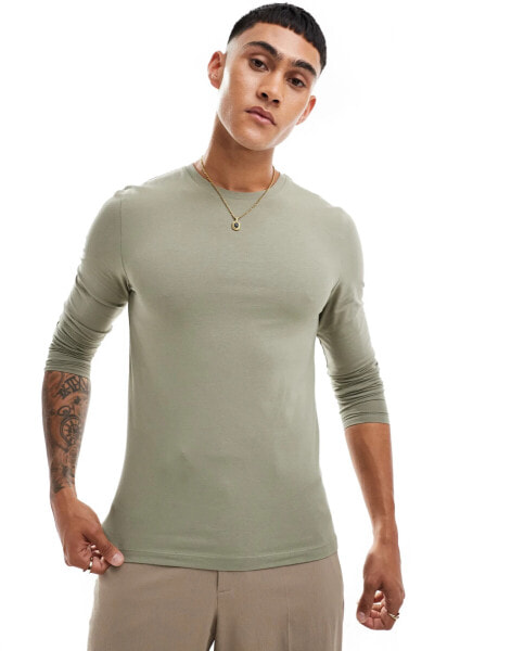 ASOS DESIGN essential muscle fit long sleeve t-shirt in khaki