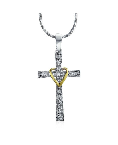Bling Jewelry cZ Pave Accent Religious Love Of God Modern Fashion Heart & Infinity Cross Pendant Necklace For Women Teens Two Tone Rhodium Plated Brass